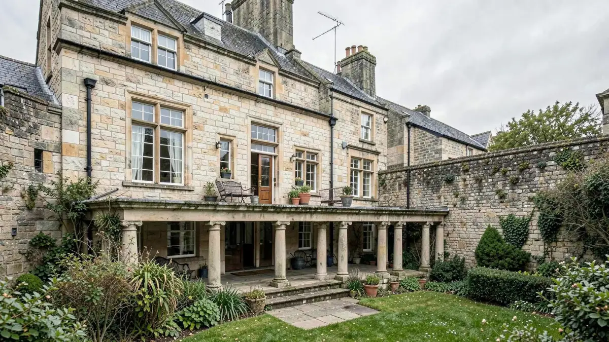 The rear terrace of Ann Street House above the walled garden