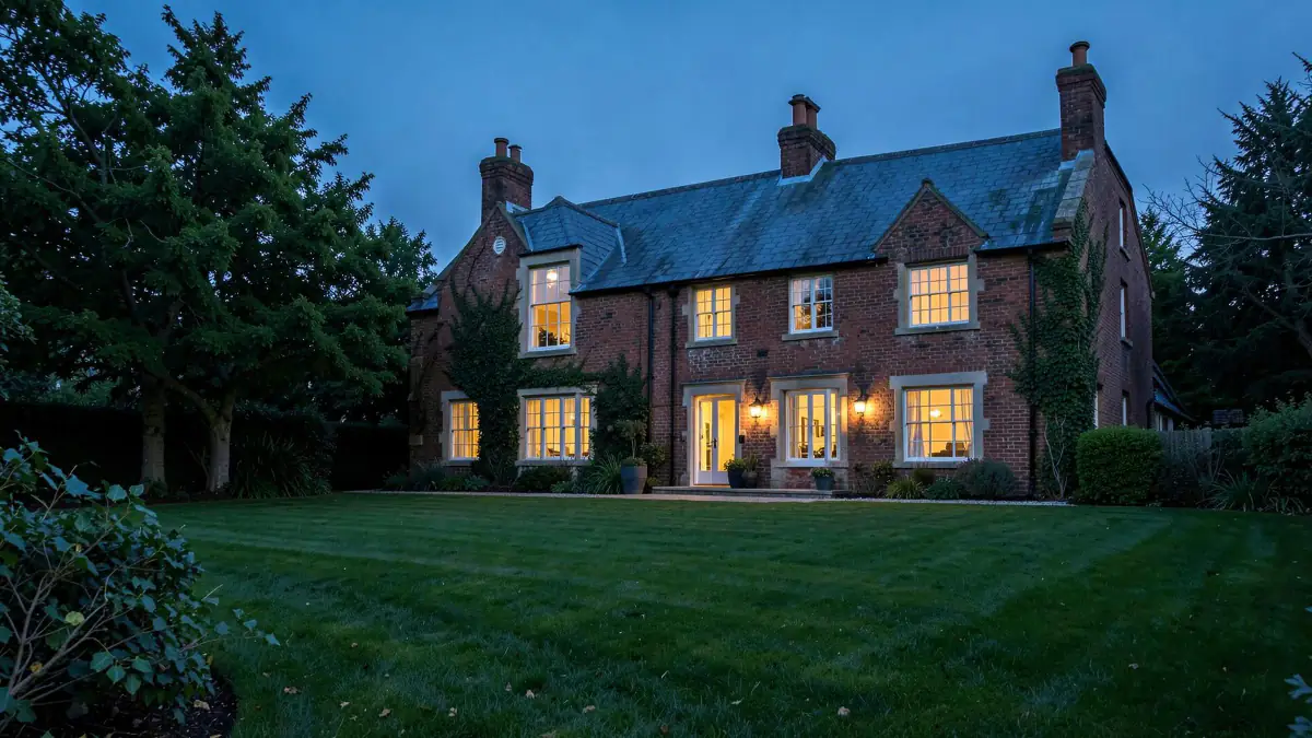 A Clarendon house seen across the lawn at dusk