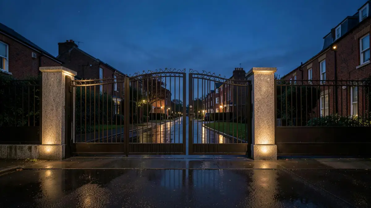 The Clarendon entrance gates lit after dark