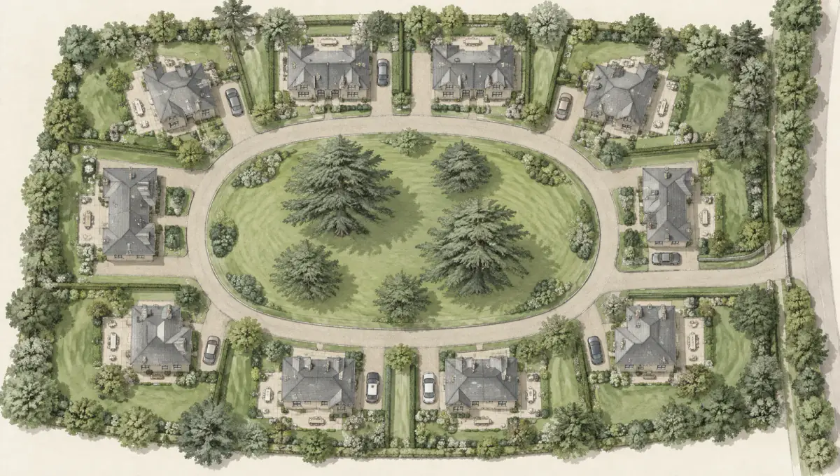 The Hollybush Court site plan showing houses around the central green