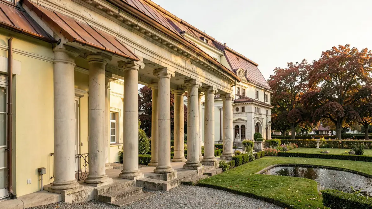 The colonnade linking the villa to the garden